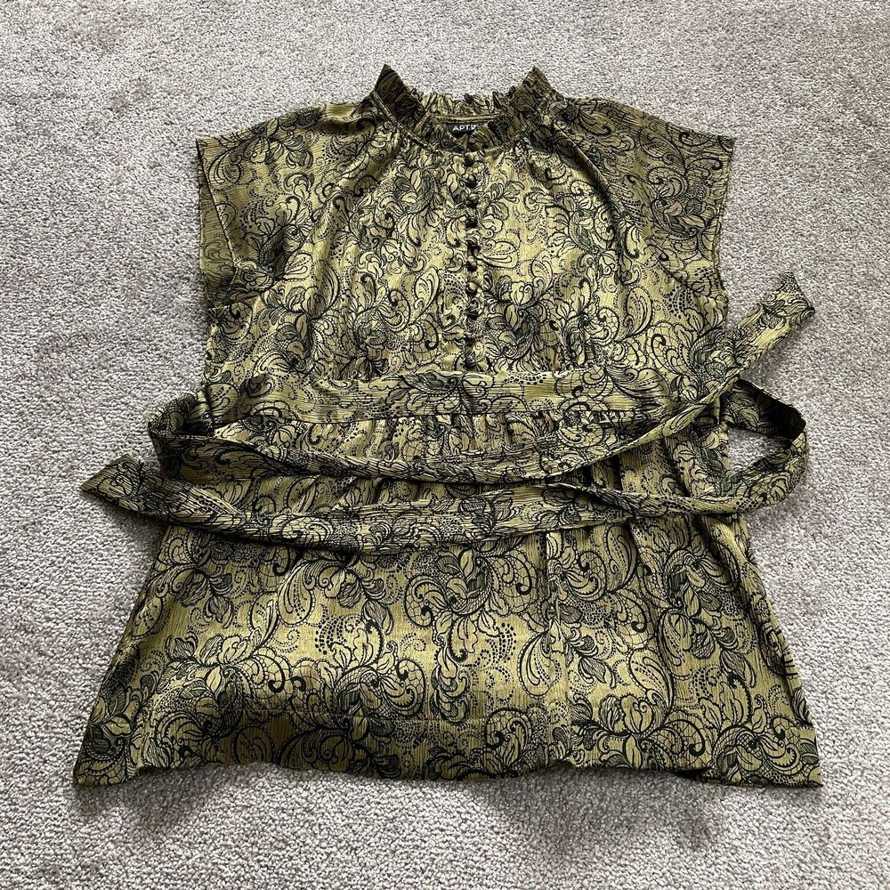 Apt. 9 Tunic Top Dress Womens Large Black Gold Floral Button Up Belted Shiny Cap